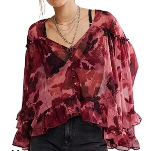 Free People Chiffon Floral Sheer Burgundy Blouse